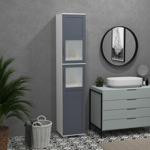 Bathroom storage cabinet with frosted glass doors and 5-tier shelves, white and gray