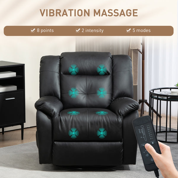 8-Point Vibration Massage Recliner Chair in Leather, Swivel, Black