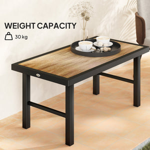 Outdoor side table with wood-look top, metal frame for garden, brown