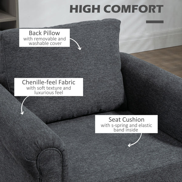 Vintage upholstered armchair with rolled armrests and rubberwood legs, dark gray