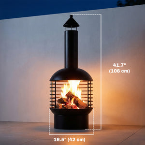 Wood-burning outdoor fireplace with poker, charcoal grate, modern design chimney, black