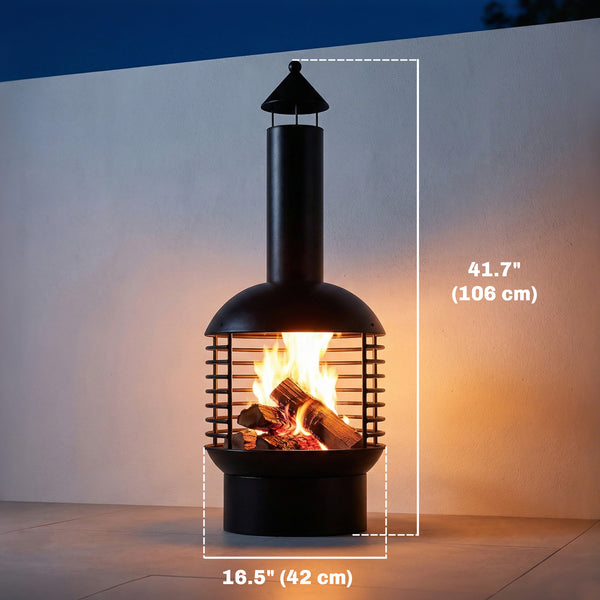 Wood-burning outdoor fireplace with poker, charcoal grate, modern design chimney, black