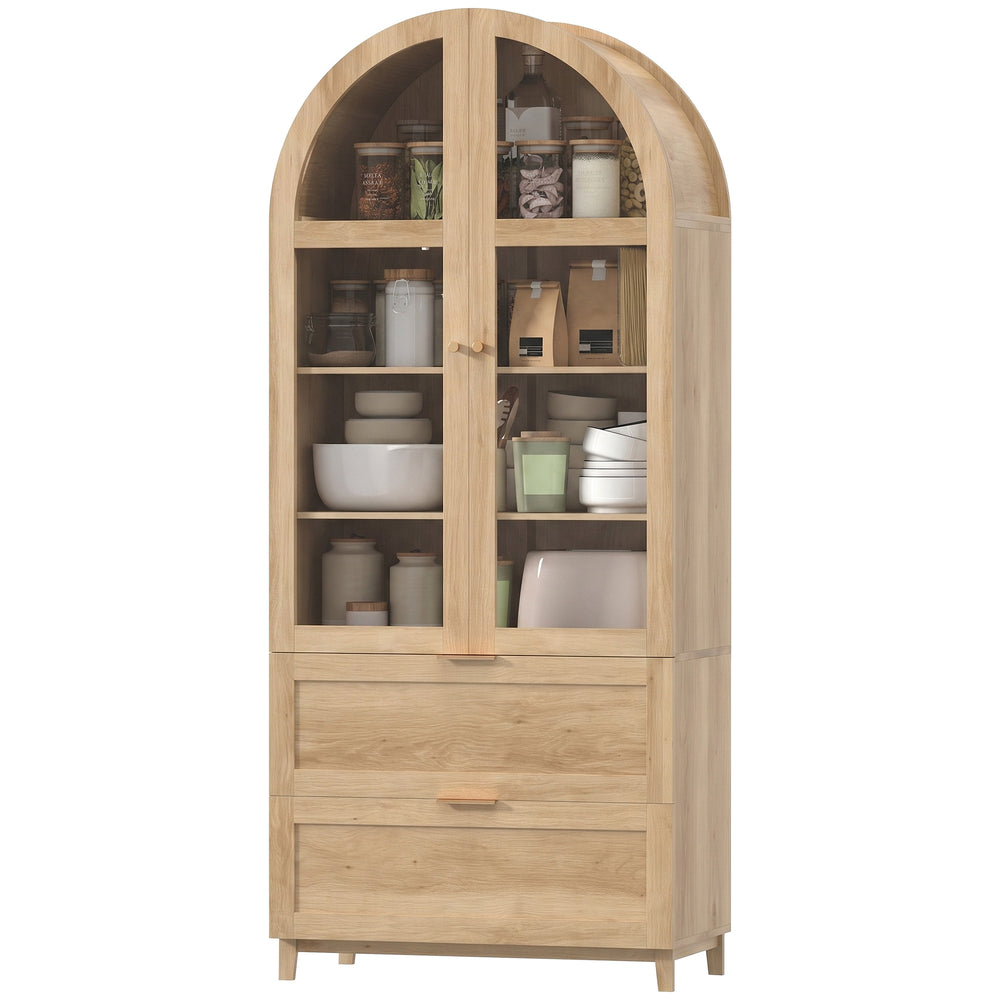 Tall oak-effect pantry with arched doors, drawers, and adjustable shelves