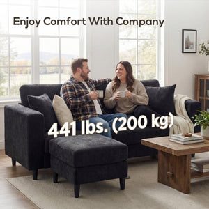 L-shaped sofa with adjustable chaise longue, wooden legs, black