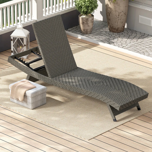 Outdoor Folding Rattan Lounge Chair with 5-Level Adjustable Backrest and Casters, Grey Melange