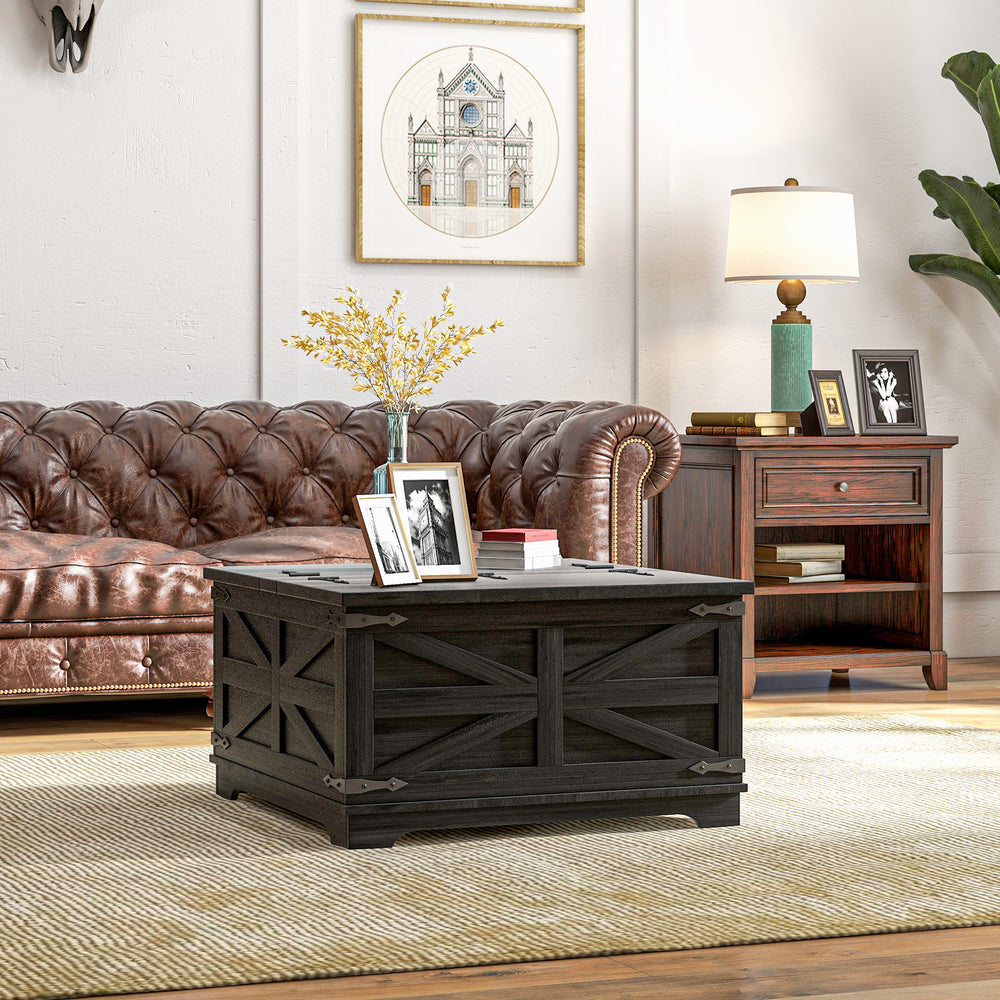 Farmhouse Coffee Table with Flip-Top Lids, Black
