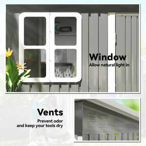 Galvanized steel garden shed with window, wide lockable doors and ventilation, grey