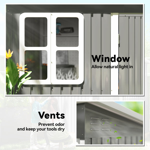 Galvanized steel garden shed with window, wide lockable doors and ventilation, grey