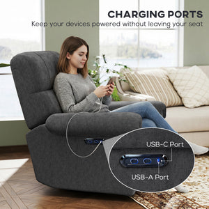 Electric reclining chair, fabric upholstery, USB ports, swivel and rocking function, footrest, dark grey