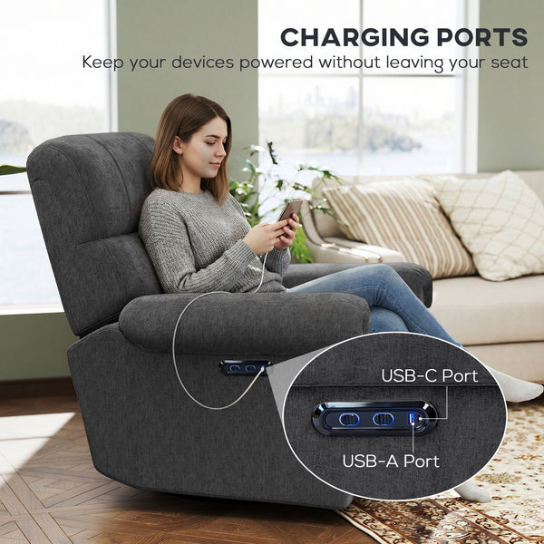 Electric reclining chair, fabric upholstery, USB ports, swivel and rocking function, footrest, dark grey