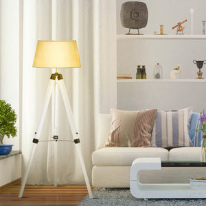 Adjustable height wooden tripod floor lamp, white and grey