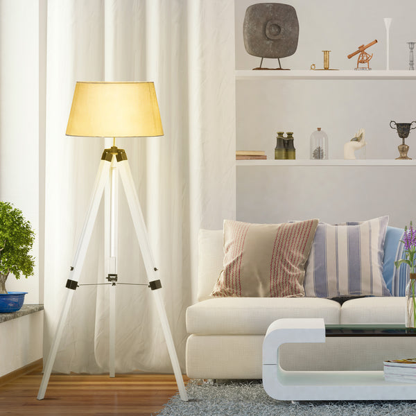 Adjustable height wooden tripod floor lamp, white and grey