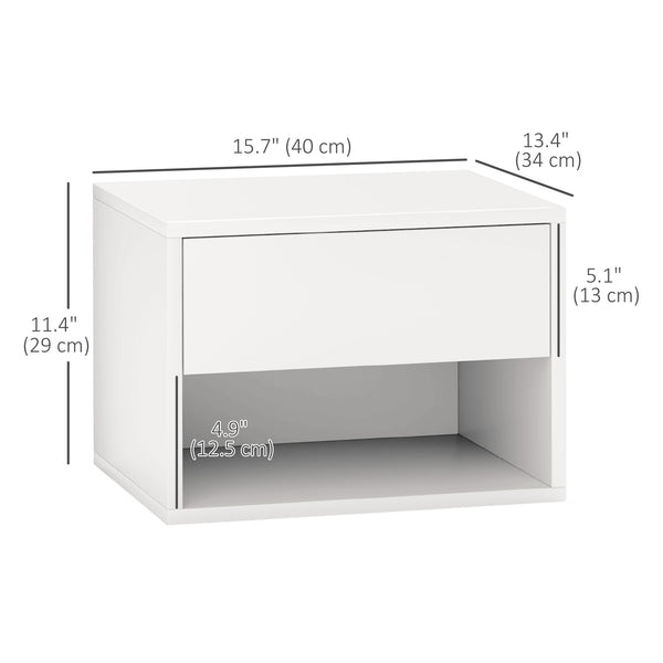 Set of 2 floating bedside tables, wall mounted with drawer, white