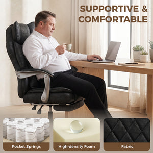 Oversized ergonomic office chair with footrest and 135° reclining backrest, black