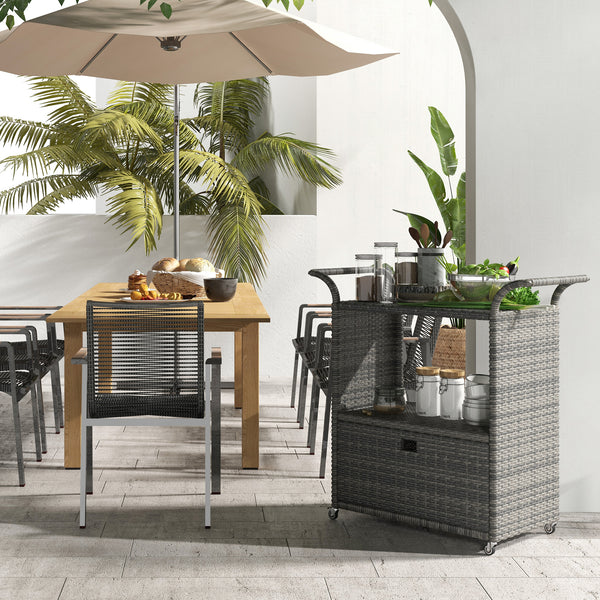 PE resin wicker garden service trolley with 2-tier shelf, heather grey