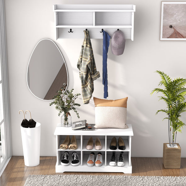 Coat rack and shoe bench set, white