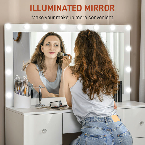 Dressing table with mirror and lighting, 7 drawers and 14 LEDs, white