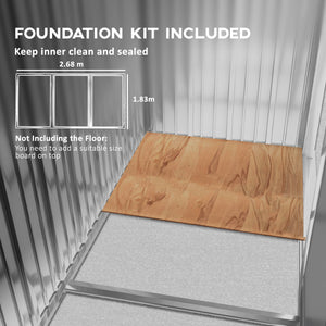 Garden shed with foundation kit and double door, aged light brown color