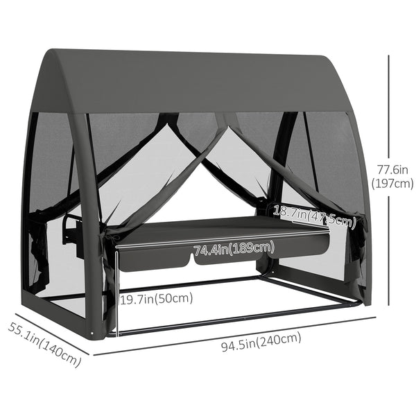 3-Seater Outdoor Swing Chair Chaise Lounger Bed Garden Hammock with Steel Stand, Canopy Netting Walls, Dark Grey