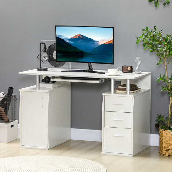 Computer desk with keyboard tray and storage drawers, white