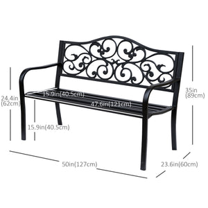Outdoor garden bench with vintage floral pattern, cast metal, black