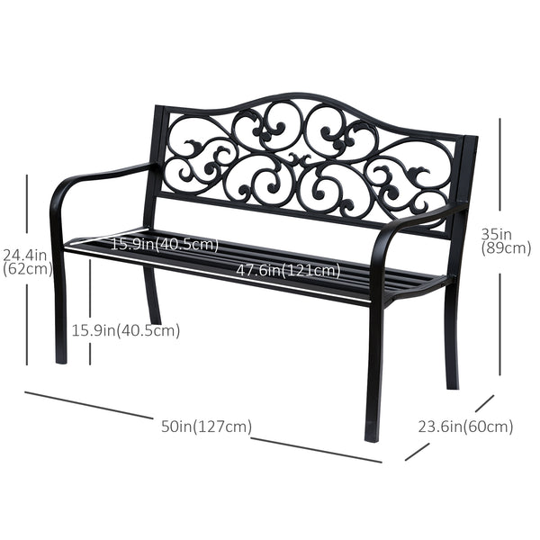 Outdoor garden bench with vintage floral pattern, cast metal, black