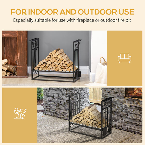 Firewood rack with 4 fireplace tools and raised base – Black