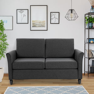 2-seater sofa with armrests and wooden legs, dark grey