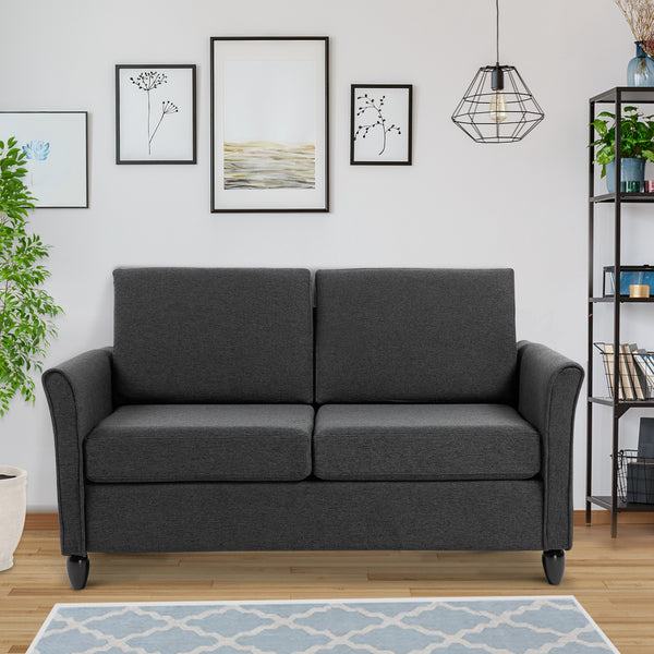 2-seater sofa with armrests and wooden legs, dark grey