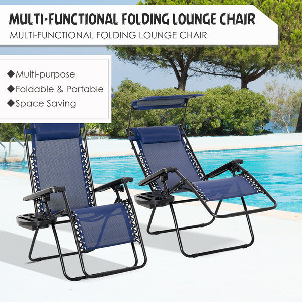 Set of 2 folding chairs with zero-gravity canopy, blue