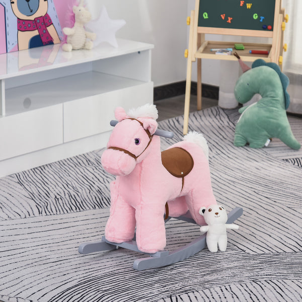 Plush rocking horse with teddy bear, pink