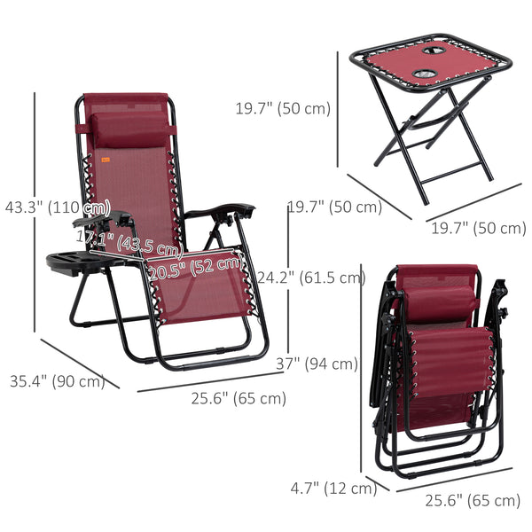 Set of 2 patio chairs with side table, cup holders and cushion, red