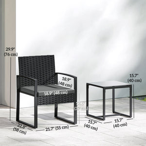 Outdoor Bistro Set, 3 Piece Wicker Patio Furniture Set with Glass Top Table and Cushions for Porch, Balcony, Dark Grey