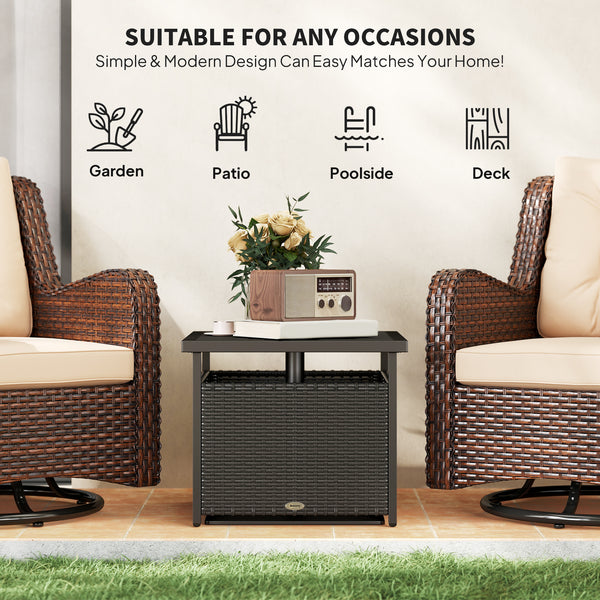 Outdoor coffee table in woven rattan with a hole for a parasol, black