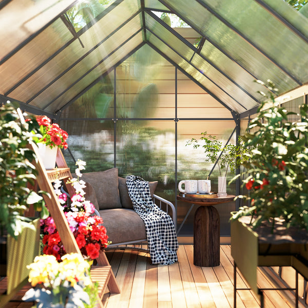 Ground-level greenhouse with adjustable roof ventilation, galvanized base, sliding door and gutter, anthracite grey