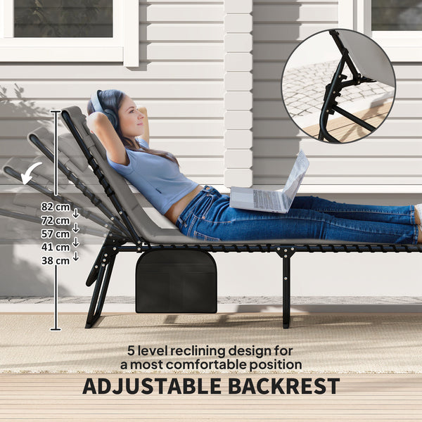 Set of 2 Folding Reclining Sun Loungers with Quick-Drying Cushion, Headrest and Side Pocket, Light Grey