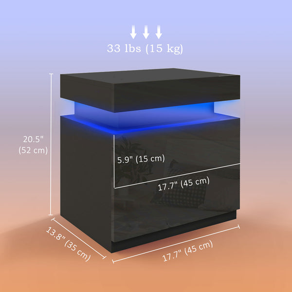 Bedside table with LED lighting and 2 drawers, black