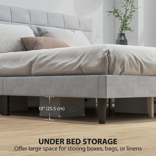 King size bed frame with upholstered headboard and wooden slats, gray