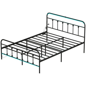 Queen Size Bed Frame with LED Lighting and Charging Station, Black