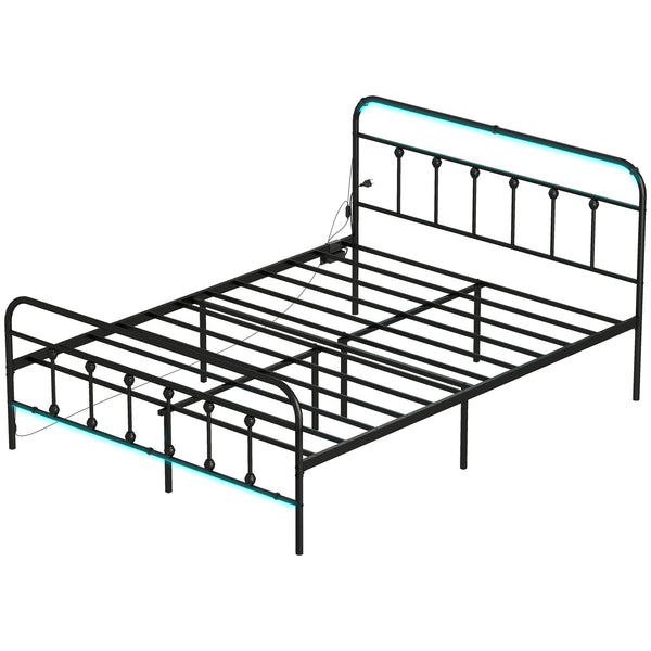 Queen Size Bed Frame with LED Lighting and Charging Station, Black