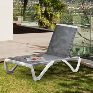 Outdoor Chaise Lounge Chair, Patio Aluminum Tanning Chair with 5-Level Adjustable Back, Portable Wheels, Breathable Mesh Fabric, for Pool, Deck, Garden, Grey