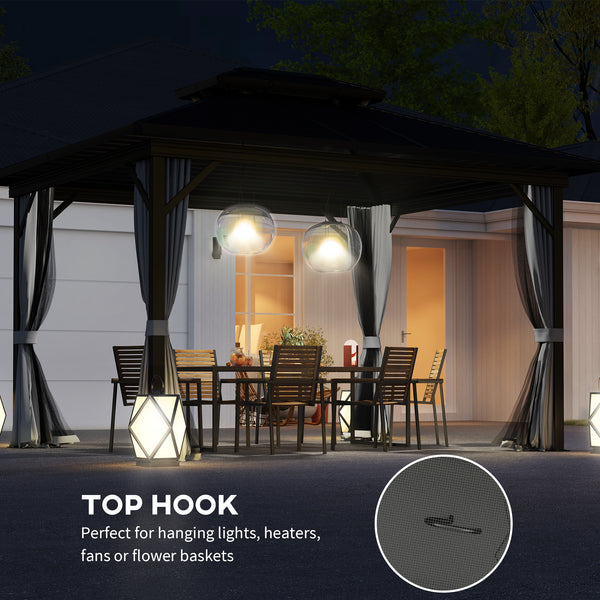 10' x 12' Two-Tier Metal Hardtop Gazebo with Mosquito Netting and Hanging Hook, Light Gray