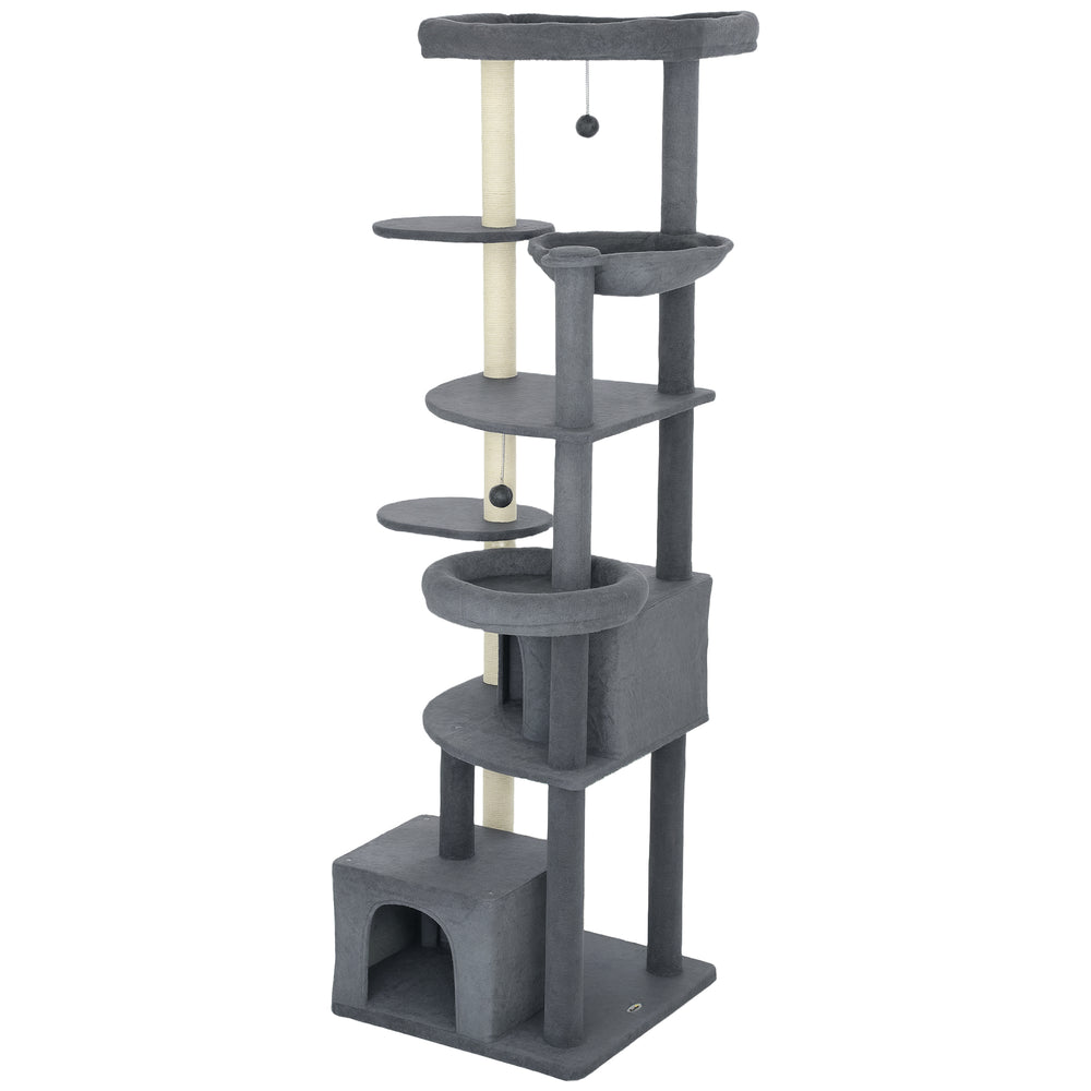 Tall cat tree with scratching posts, perches, caves, hammock and pom-poms, for 2 to 3 indoor cats, dark grey