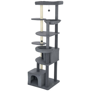 Tall cat tree with scratching posts, perches, caves, hammock and pom-poms, for 2 to 3 indoor cats, dark grey