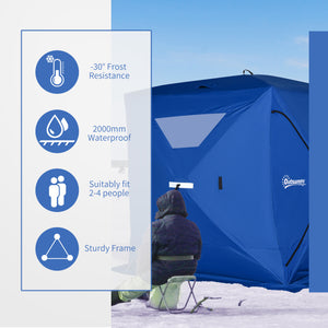 Portable ice fishing shelter for 2 to 4 people, with windproof windows and carrying bag, blue.