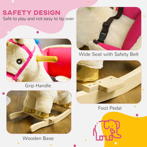 Rocking Unicorn with Sounds, Seat Belt, Wooden Base, Cream White