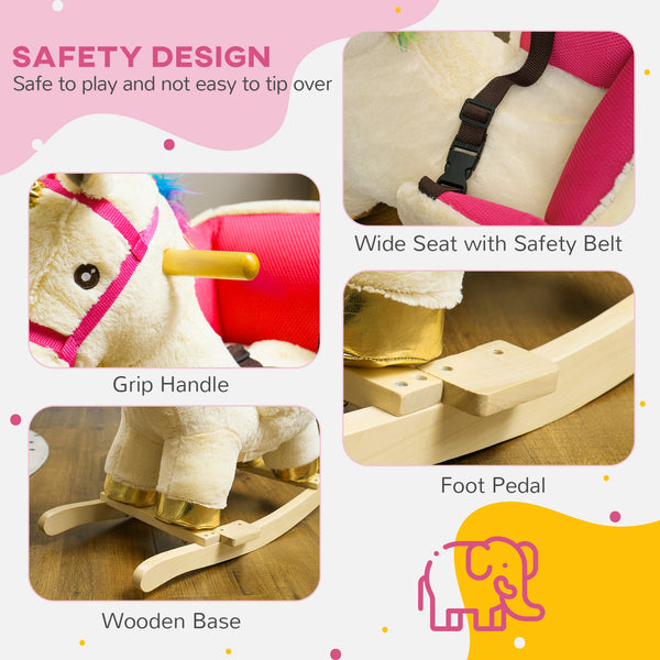 Rocking Unicorn with Sounds, Seat Belt, Wooden Base, Cream White