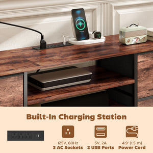 Industrial-style TV stand for TVs up to 65 inches, with charging station, 5 drawers and open shelves, rustic brown