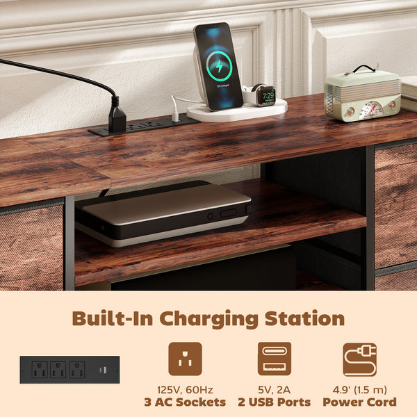 Industrial-style TV stand for TVs up to 65 inches, with charging station, 5 drawers and open shelves, rustic brown