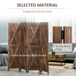 4-panel country style room divider with folding wooden frame, walnut